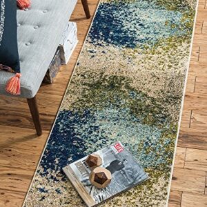 Unique Loom Estrella Collection Abstract, Modern, Light Colors, Distressed Area Rug, 2 ft x 7 ft, Blue/Beige