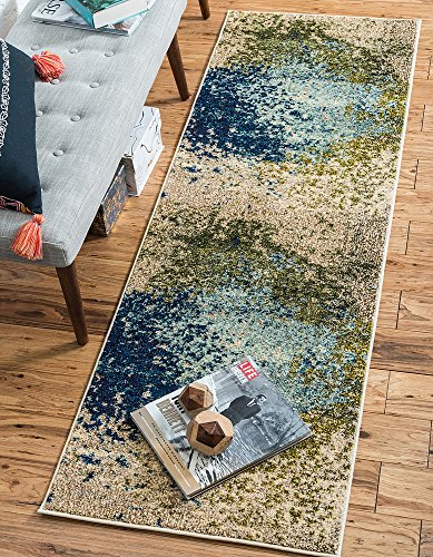 Unique Loom Estrella Collection Abstract, Modern, Light Colors, Distressed Area Rug, 2 ft x 7 ft, Blue/Beige