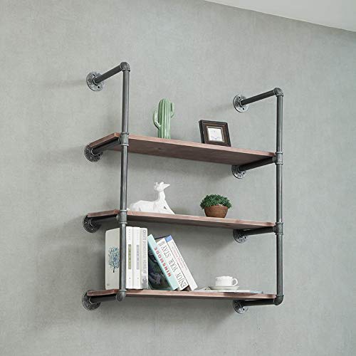 FODUE Industrial Wall Mount Iron Pipe Shelf Shelves Shelving Bracket Vintage Retro Black DIY Open Bookshelf DIY Storage Office Room Kitchen (3 Tier)