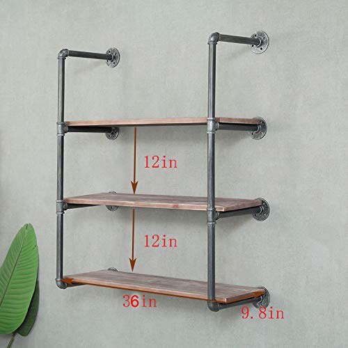 FODUE Industrial Wall Mount Iron Pipe Shelf Shelves Shelving Bracket Vintage Retro Black DIY Open Bookshelf DIY Storage Office Room Kitchen (3 Tier)