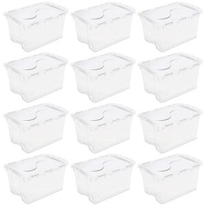 sterilite single 48-quart clear hinged lid storage tote box container with attached hinged lids for home organization, (12 pack)