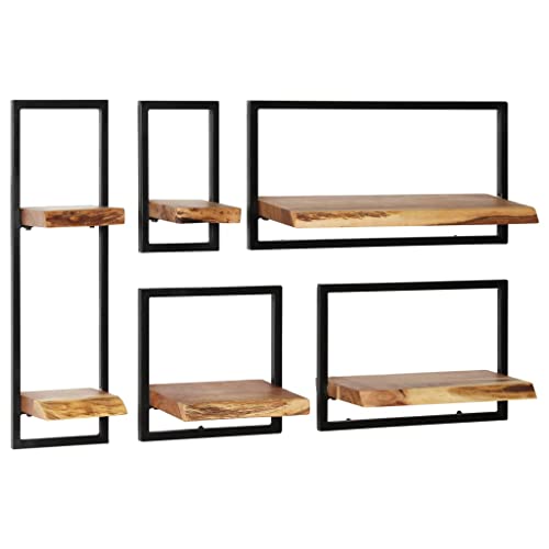 FAMIROSA Wall Shelf Set 5 Pieces Solid Acacia Wood and Steel