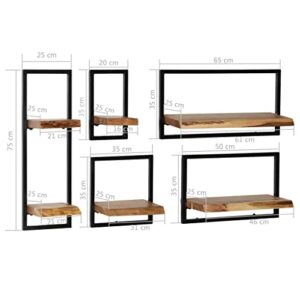 FAMIROSA Wall Shelf Set 5 Pieces Solid Acacia Wood and Steel