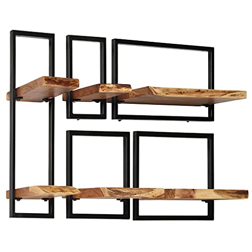 FAMIROSA Wall Shelf Set 5 Pieces Solid Acacia Wood and Steel