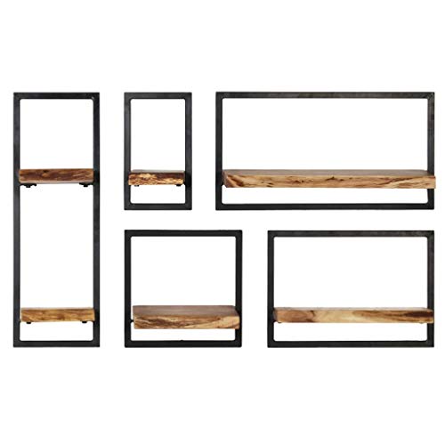 FAMIROSA Wall Shelf Set 5 Pieces Solid Acacia Wood and Steel