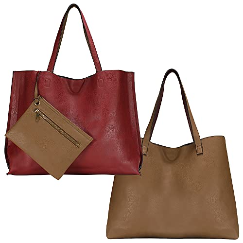 Scarleton Leather Tote Bag for Women, Womens Purses and Handbags, Reversible Tote Bags for Women, Purses for Women, H18422014, Red/Khaki