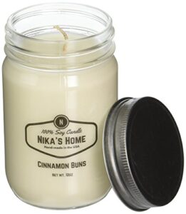 nika’s home cinnamon buns soy candle 12oz mason jar non-toxic white soy candle-hand poured handmade, long burning 50-60 hours highly scented all natural, clean burning large candle gift décor