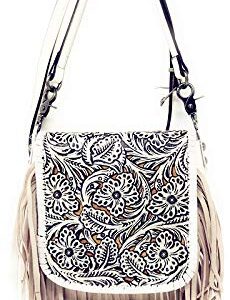 Texas West Western Genuine Leather Cowgirl Crossbody Messenger Fringe Laser Cut Purse Bag in 5 colors (White)