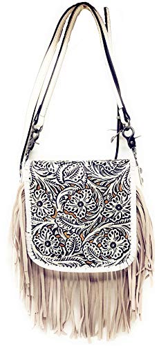 Texas West Western Genuine Leather Cowgirl Crossbody Messenger Fringe Laser Cut Purse Bag in 5 colors (White)