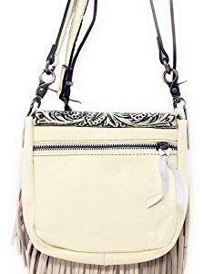 Texas West Western Genuine Leather Cowgirl Crossbody Messenger Fringe Laser Cut Purse Bag in 5 colors (White)