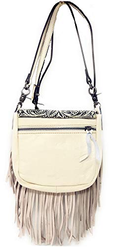 Texas West Western Genuine Leather Cowgirl Crossbody Messenger Fringe Laser Cut Purse Bag in 5 colors (White)