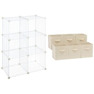 amazon basics collapsible fabric storage cubes organizer with handles, beige – pack of 6 & amazon basics 6-cube wire grid storage shelves, 14″ x 14″ stackable cubes, white