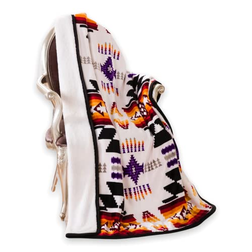 Nu Trendz Signature Southwest Design (Navajo Print) Sherpa Lined Throw 16112 White