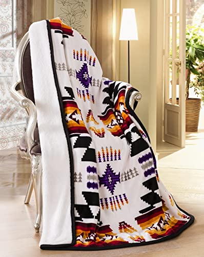 Nu Trendz Signature Southwest Design (Navajo Print) Sherpa Lined Throw 16112 White