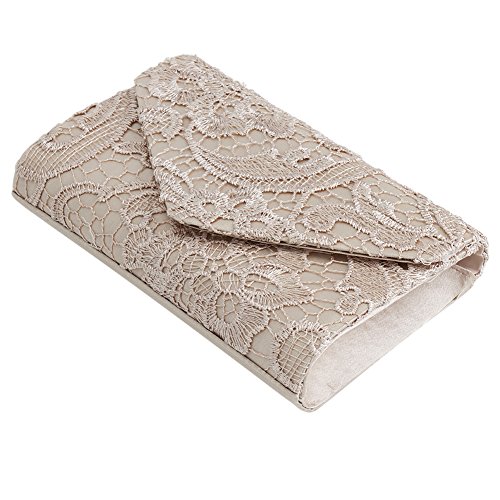 U-Story Womens Floral Lace Satin Evening Envelope Clutch Bridal Wedding Handbag Purse (Champagne)