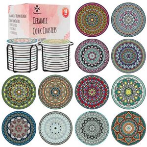 decopom drink coasters stone mandala with holders – 12 pack cute cool drink coasters absorbent ceramic round edge with cork base and 2 black iron holders for apartment table bar mugs glasses cup beer