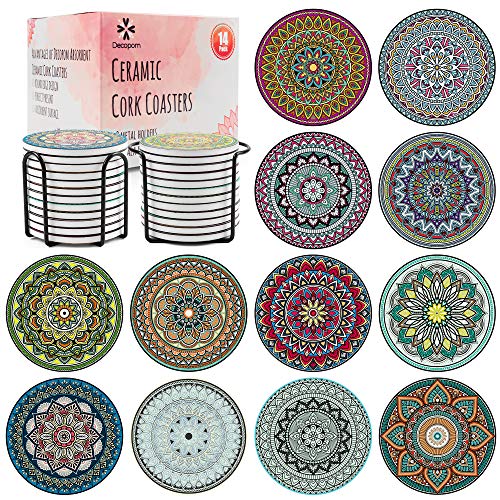 Decopom Drink Coasters Stone Mandala with Holders - 12 Pack Cute Cool Drink Coasters Absorbent Ceramic Round Edge with Cork Base and 2 Black Iron Holders for Apartment Table Bar Mugs Glasses Cup Beer