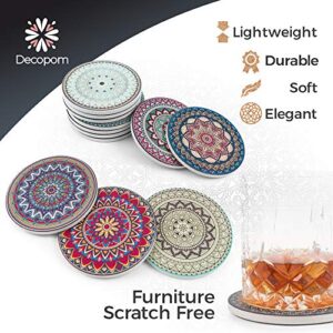 Decopom Drink Coasters Stone Mandala with Holders - 12 Pack Cute Cool Drink Coasters Absorbent Ceramic Round Edge with Cork Base and 2 Black Iron Holders for Apartment Table Bar Mugs Glasses Cup Beer