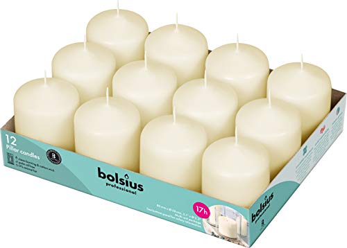 BOLSIUS Set of 12 Ivory Pillar Candles - 2.25-x3-inch Unscented Candle Set - Dripless Clean Burning Smokeless Dinner Candle - Perfect for Wedding Candles, Parties and Special Occasions