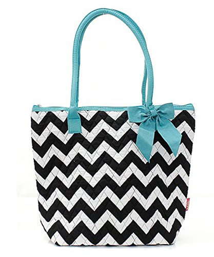 NGIL Quilted Chevron Striped Print Tote Bag Aqua Blue & Black