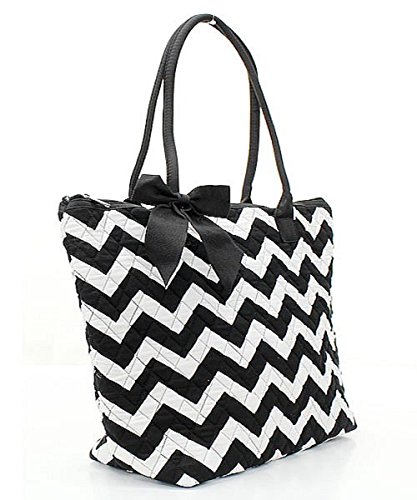 NGIL Quilted Chevron Striped Print Tote Bag Aqua Blue & Black