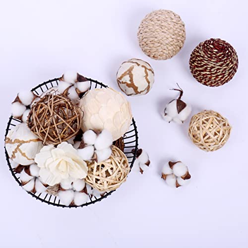 Rattan Ball, Bag of Assorted Decorative Spherical Natural Wicker Rattan and Cotton Bowl and Vase Filler, Balls Spheres Orbs Filler - Brown and White (Brown2)