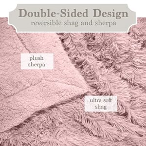 The Connecticut Home Company Throw Blanket, Soft Plush Reversible Shag and Sherpa, Warm Thick Throws for Bed, Comfy Washable Bedding Accent Blankets for Sofa Couch Chair, 65x50, Dusty Rose