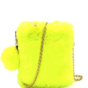 trendeology neon color ultra smooth soft fluffy faux-fur pom pom small cute phone crossbody bag (1.neon-yellow)