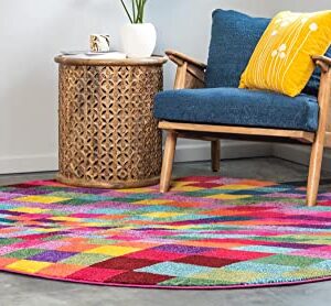 Unique Loom Estrella Collection Geometric, Abstract, Colorful, Modern, Eclectic Area Rug, 8 ft x 8 ft, Multi/Pink