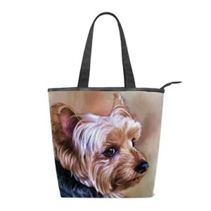women’s canvas shoulder tote handbag, yorkie dog travel handbags for shopper, daily purse tote bag one size