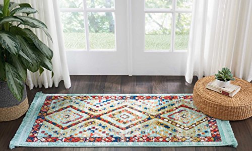 Nourison Tribal Decor Tribal Aqua 2'2" x 4'3" Area -Rug, Easy -Cleaning, Non Shedding, Bed Room, Living Room, Dining Room, Kitchen (2x4)