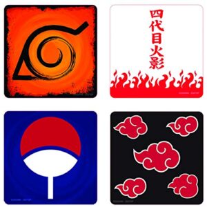 abystyle naruto shippuden coaster set includes hidden leaf, uchiha, hokage, & akatsuki emblems 3.75″ x 3.75″ anime manga home & kitchen 4 pcs