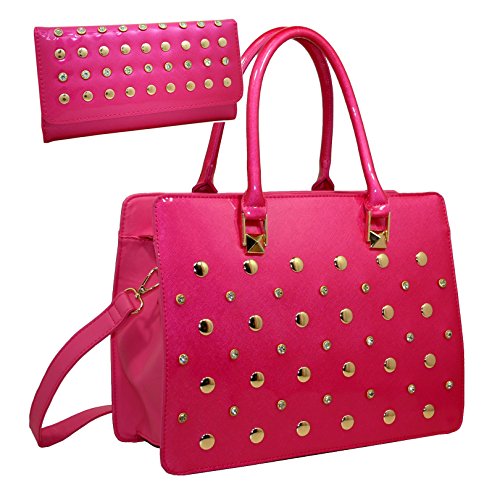 Fashion Women's Satchel Handbag Purse Rhinestone Accent With Matching Wallet - Fuchsia