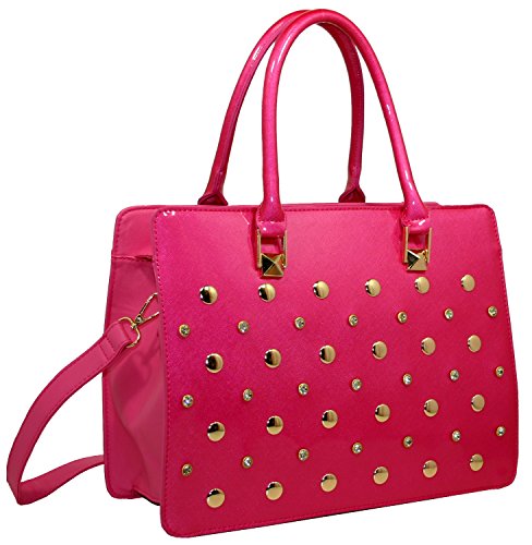 Fashion Women's Satchel Handbag Purse Rhinestone Accent With Matching Wallet - Fuchsia