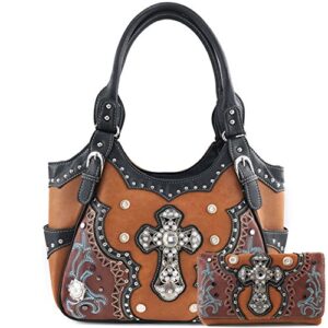 justin west concealed carry laser cut square concho embellishment cross studded antique embroidery handbag/wallet/messenger purse (brown tote and wallet set)