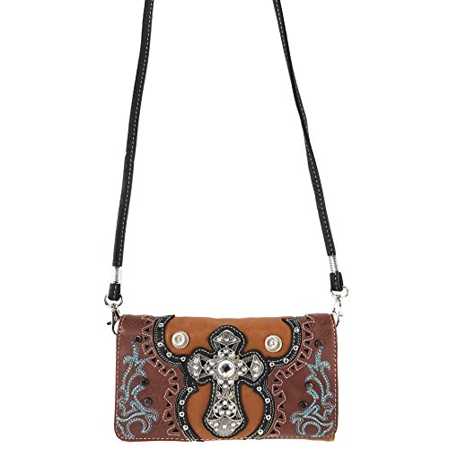 Justin West Concealed Carry Laser Cut Square Concho Embellishment Cross Studded Antique Embroidery Handbag/Wallet/Messenger Purse (Brown Tote and Wallet Set)