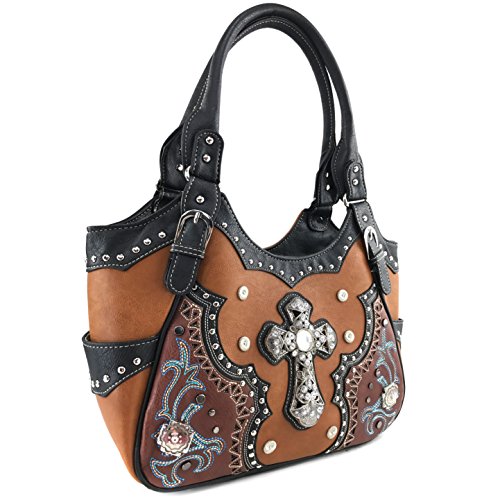 Justin West Concealed Carry Laser Cut Square Concho Embellishment Cross Studded Antique Embroidery Handbag/Wallet/Messenger Purse (Brown Tote and Wallet Set)