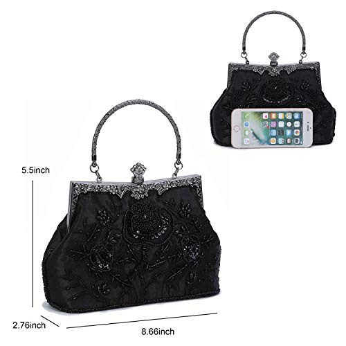 Tanpell 1920s Flapper Clutch Vintage Beaded Evening Bags Sequined Handbag Gatsby Purse for Women Wedding Prom Cocktail Party Black