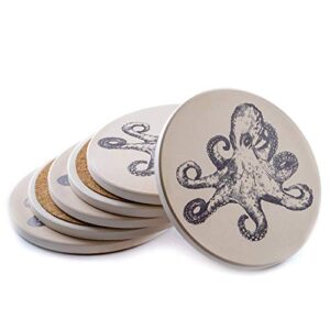 Octopus Coasters - Octopus Table - 6 Octopus Coasters for Drinks - Nautical Coasters Stone Absorbent Beige Ceramic 4.13 inch - Beach Theme - Coastal Coasters - Steampunk Coasters Set Gift