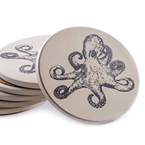 Octopus Coasters - Octopus Table - 6 Octopus Coasters for Drinks - Nautical Coasters Stone Absorbent Beige Ceramic 4.13 inch - Beach Theme - Coastal Coasters - Steampunk Coasters Set Gift