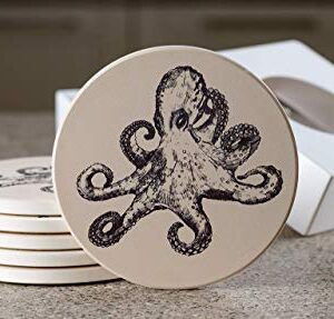 Octopus Coasters - Octopus Table - 6 Octopus Coasters for Drinks - Nautical Coasters Stone Absorbent Beige Ceramic 4.13 inch - Beach Theme - Coastal Coasters - Steampunk Coasters Set Gift