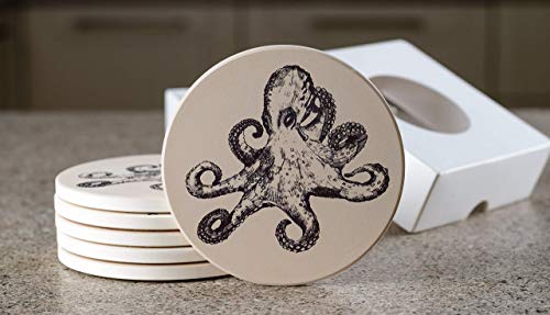 Octopus Coasters - Octopus Table - 6 Octopus Coasters for Drinks - Nautical Coasters Stone Absorbent Beige Ceramic 4.13 inch - Beach Theme - Coastal Coasters - Steampunk Coasters Set Gift