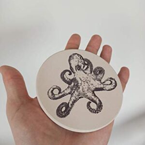 Octopus Coasters - Octopus Table - 6 Octopus Coasters for Drinks - Nautical Coasters Stone Absorbent Beige Ceramic 4.13 inch - Beach Theme - Coastal Coasters - Steampunk Coasters Set Gift