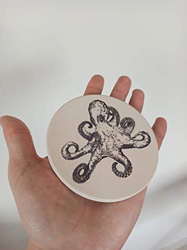 Octopus Coasters - Octopus Table - 6 Octopus Coasters for Drinks - Nautical Coasters Stone Absorbent Beige Ceramic 4.13 inch - Beach Theme - Coastal Coasters - Steampunk Coasters Set Gift