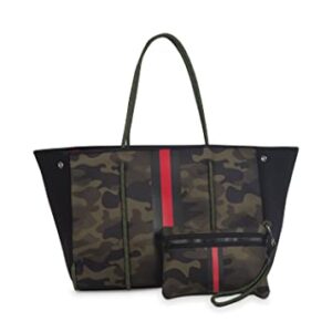 Haute Shore - Greyson Brat2 Neoprene Tote Bag w/Zipper Wristlet Inside (Greyson, Camo Green w/Black & Red Stripe)