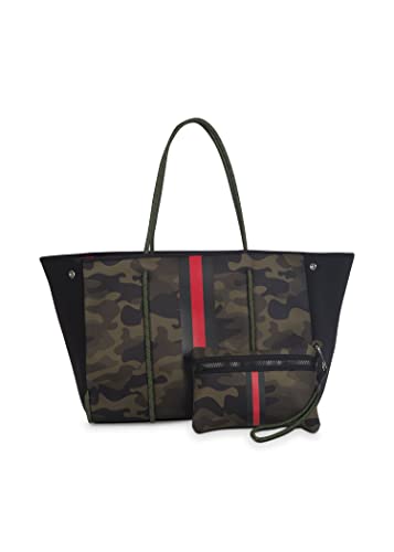 Haute Shore - Greyson Brat2 Neoprene Tote Bag w/Zipper Wristlet Inside (Greyson, Camo Green w/Black & Red Stripe)