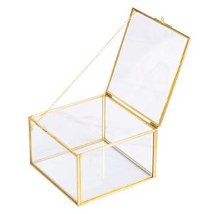 golden square vintage brass & clear glass decorative box home decor, small jewelry case box organizer with latching lid, 5x5x3in
