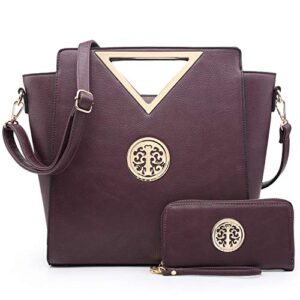 women handbag cut out triangle top handle bag large fashion tote satchel work purse (7464 dark purple + matching wallet)