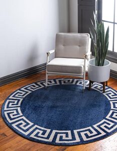 unique loom athens collection classic geometric modern border design area rug, round 8′ 0″ x 8′ 0″, navy blue/beige