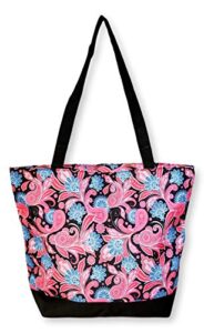 women teen fashion print lined top zipper tote bag handbag with lined interior – can be personalized (black trim pink paisley)